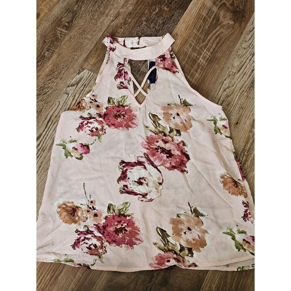 Blue Rain Tops - Blue Rain‎ Womens Pink Floral Halter Top Strappy Keyhole Neck Blouse Small USA